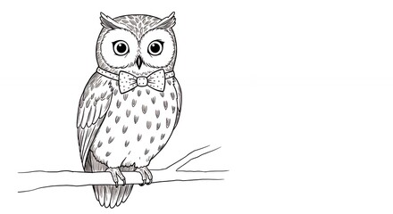 Owl with bow tie line drawing illustration