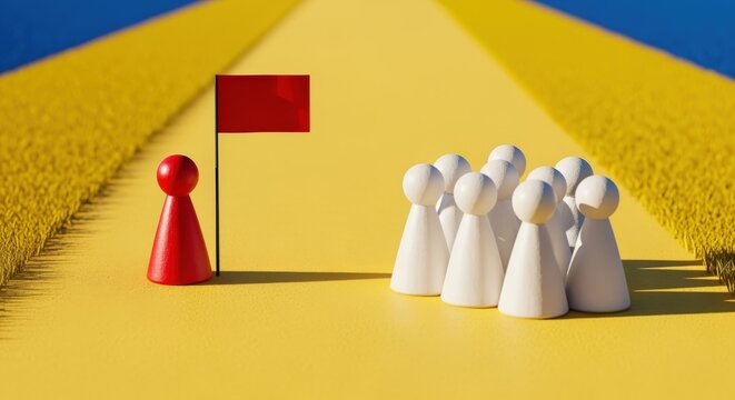 Leadership and Teamwork: Abstract Concept with Red Leader, Flag, and White Followers on a Yellow Path