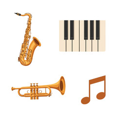 Naklejka premium A saxophone, piano keys, trumpet, and musical note are arranged together, and can be used for learning about music.
