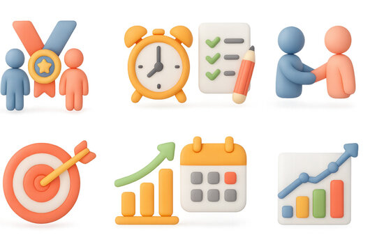 3d business icons: teamwork, targets, and growth with vibrant colors