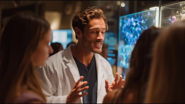 Scientist presenting engaging information at an interactive exhibit in a modern science center
