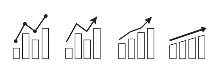 increase chart icon set. growth up arrow graph vector symbol. economic stock market trend sign. profit or revenue rise icon. data forecast statistic sign. money investment growth symbol 