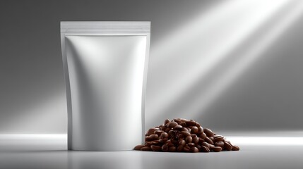 Minimalist coffee bean pouch mock up design for business branding modern package in studio environment