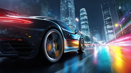 Fototapeta premium Sleek Car Motion in Futuristic Cityscape at Night with Vibrant Light Trails and Modern Architecture