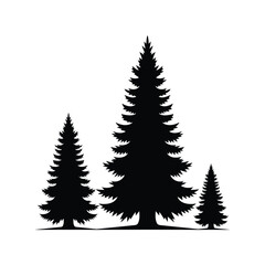 Obraz premium Silhouette of evergreen pine trees of varying heights against a stark white background, evoking a forest or wilderness scene.