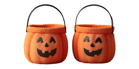 Two Halloween themed pumpkin buckets with smiling jack-o-lantern faces, perfect for trick-or-treating and Halloween decorations.