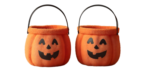 Two Halloween themed pumpkin buckets with smiling jack-o-lantern faces, perfect for trick-or-treating and Halloween decorations.