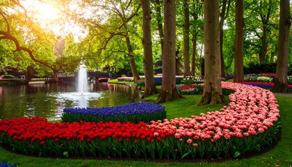 Colorful flower garden by a pond