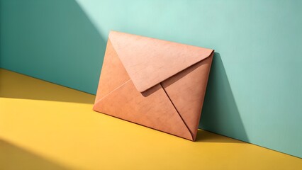 Minimalist peach envelope leaning against teal wall with yellow floor and shadow