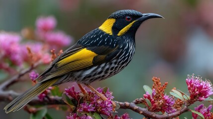 Naklejka premium Vibrant new holland honeyeater perched amidst blossoming branches