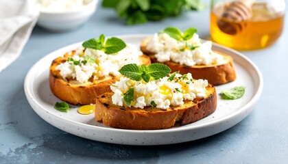 Toasted bread topped with creamy cheese and fresh herbs