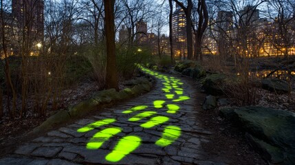 Naklejka premium Time-lapse of glowing footprints accelerating across a twilight park path.