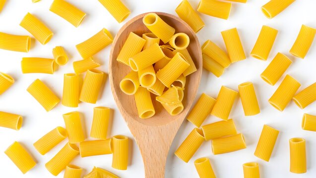 Rigatoni pasta on wooden spoon and scattered on white background food photography - Powered by Adobe