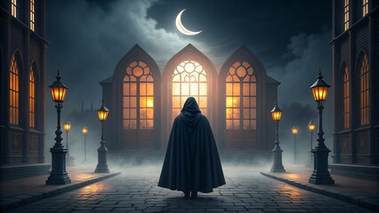 Mysterious cloaked figure stands before illuminated gothic cathedral windows at night