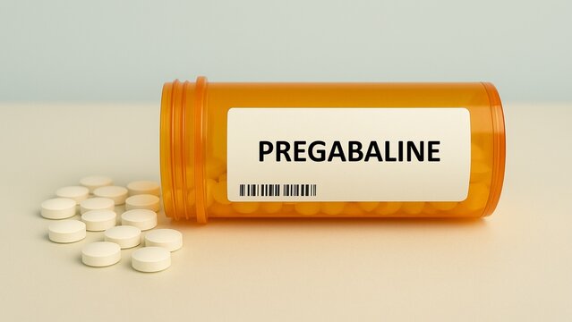 Box of PREGABALINE tablets placed on a hospital pharmacy table used for neuropathic pain and epilepsy, a anticonvulsant.