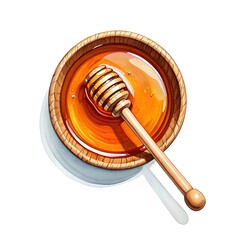 Watercolor illustration of honey in wooden bowl with dipper for food and health use