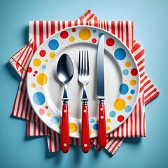 Colorful polka dot plate setting with cutlery on striped napkin flat lay overhead view