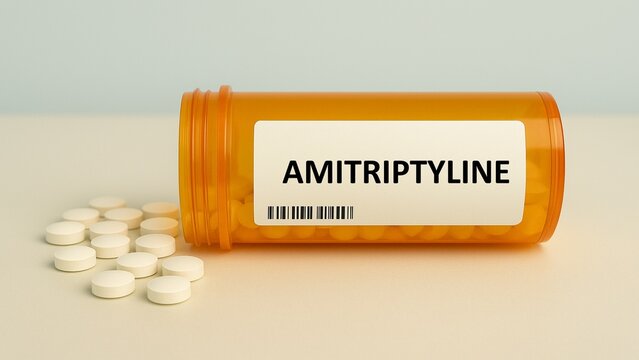 AMITRIPTYLINE box of tablets on hospital pharmacy table, used to treat depression and certain types of chronic pain