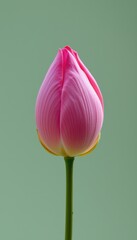 Detailed macro shot of a closed pink lotus flower bud with a green stem against a soft green background