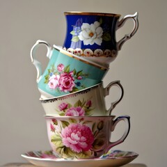 Vintage floral teacup stack antique teacup collection fine china teacups tea party decor