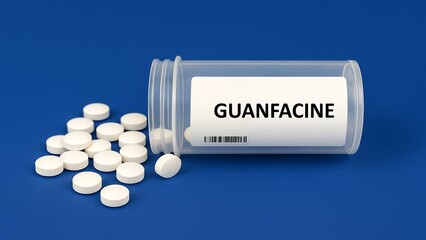 Box of GUANFACINE tablets placed on a hospital pharmacy table used for ADHD and hypertension, a alpha 2 agonist.