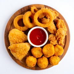Appetizer platter with fried onion rings chicken nuggets and dipping sauce on wood plate