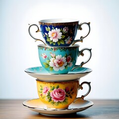 Stack of vintage floral tea cups and saucers for afternoon tea party concept photo