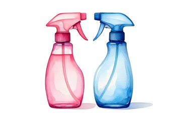 Watercolor illustration of cleaning spray bottles for home and office cleaning use