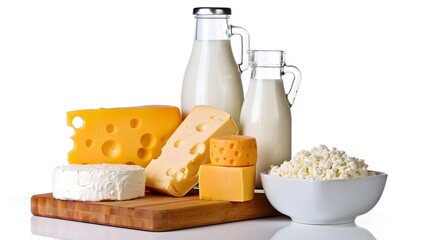 Dairy products still life cheese milk cottage cheese on wood board white background