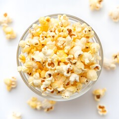 Fresh popcorn in glass bowl top view delicious snack food for movie night at home treat