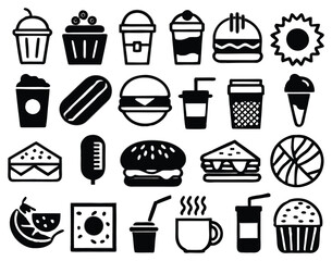 A collection of  silhouette icons representing various food and beverage items such as burger, coffee cup, fries, chicken drumstick, juice, sandwich, pizza, ice cream, and utensils. These icons are id