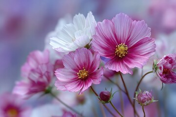 Obraz premium Delicate pink and white cosmos blossoms