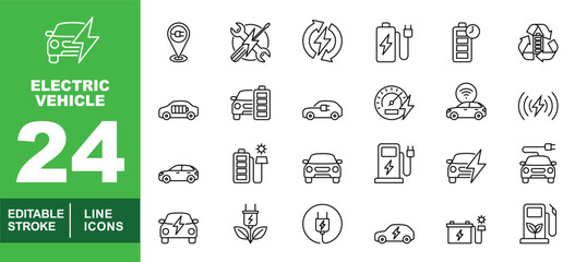 Electric Vehicle set of web icons in line style. Exclusive electric vehicle linear icon collection. Containing pointer, mechanic, battery, car, speedometer, wireless, plug, and garage. Editable stroke