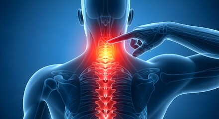 Human Body Anatomy with Red Spine Pain Pointing on Blue