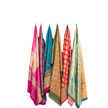 Colorful array of silk sarees hanging in a traditional wardrobe isolated on transparent background  
