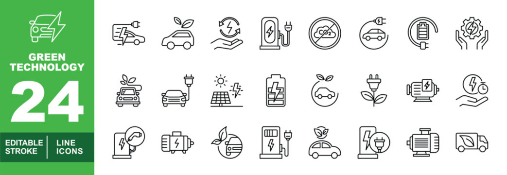 Green Technology set of web icons in line style. Exclusive green technology linear icon collection. Containing station, solar, truck, car, engine, factory, battery, plug and more. Editable stroke