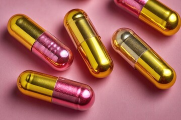 Colorful capsules scattered on a pink surface
