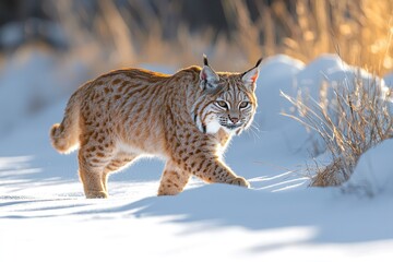 Bobcat walking in snow, mottled fur catching sunlight