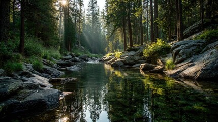 Crystal-clear river flowing through a sunlit forest