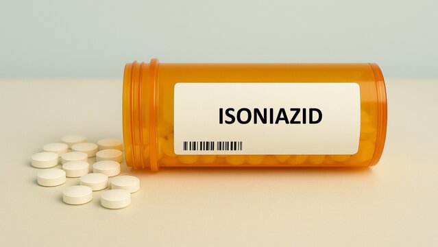 Box of ISONIAZID tablets placed on a hospital pharmacy table used for tuberculosis treatment and prophylaxis, a antitubercular agent.