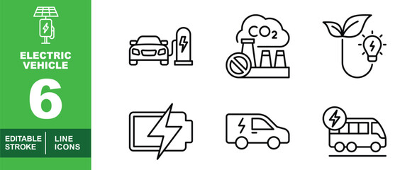 Electric Vehicle set of web icons in line style. Exclusive electric vehicle linear icon collection. Containing solar, factory, leaf, battery, van, bus and more. Editable stroke