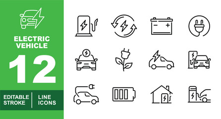 Electric Vehicle set of web icons in line style. Exclusive electric vehicle linear icon collection. Containing station, battery, flower, house, plug, garage, recycle, car and more. Editable stroke