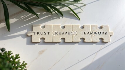 Inspiring puzzle piece display emphasizing trust respect and teamwork on a natural surface
