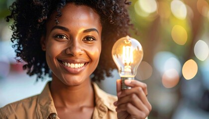 Smiling woman holding illuminated lightbulb, bokeh background