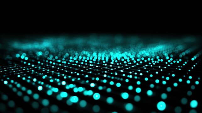 Abstract Teal Dot Matrix Waving Array on Black Background: Modern Technology and Digital Innovation