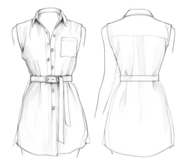Front and back view of a sleeveless, button-up midi dress design