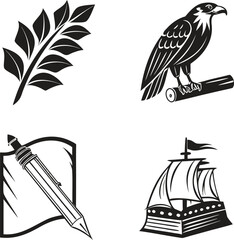 Naklejka premium Bird Silhouette Icon Collection, Eagle on a Branch, Hen and Rooster Vector Set, Farm and Wildlife Bird Illustrations, Black and White Poultry and Falcon Symbols