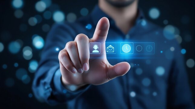 Man touching virtual screen technology interface digital contact communication 90 - Powered by Adobe