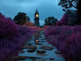 Twilight park path, clock tower, purple flowers