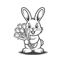 Fototapeta premium Happy bunny holding tulips rabbit flowers